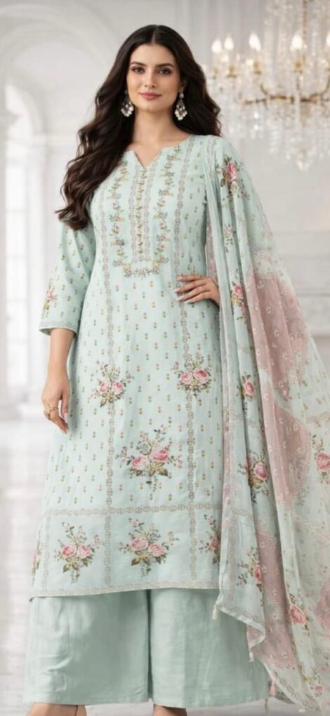 Pastel Aqua Floral Print Kurta & Palazzo Set with Dupatta